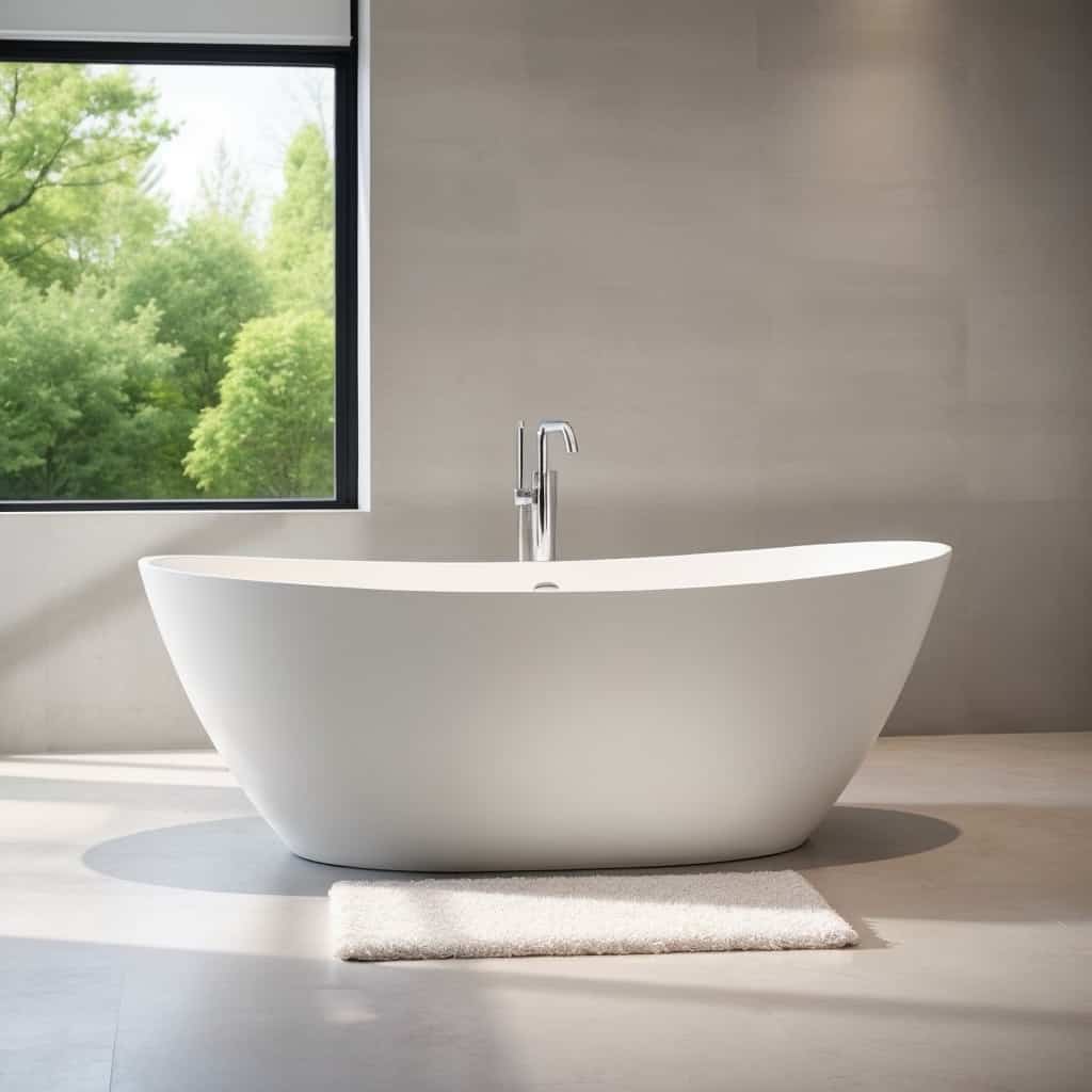 Baignoire îlot blanche posée au centre d’une salle de bain lumineuse, avec un mitigeur sur colonne à côté