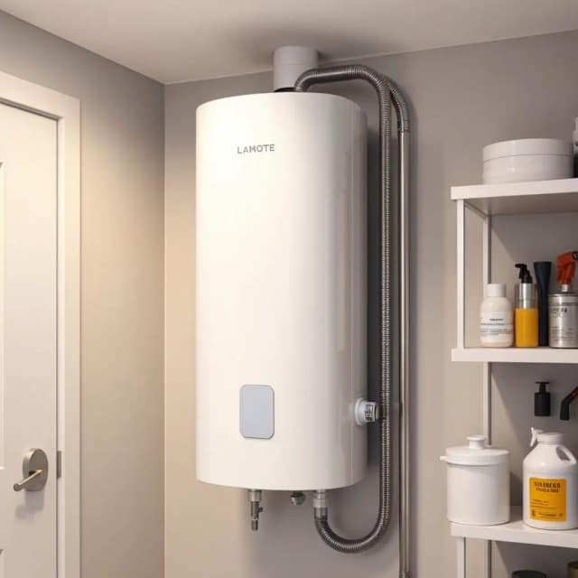 Chauffe-eau électrique vertical installé au mur d’une buanderie, avec ses raccordements d’eau visibles sous la cuve