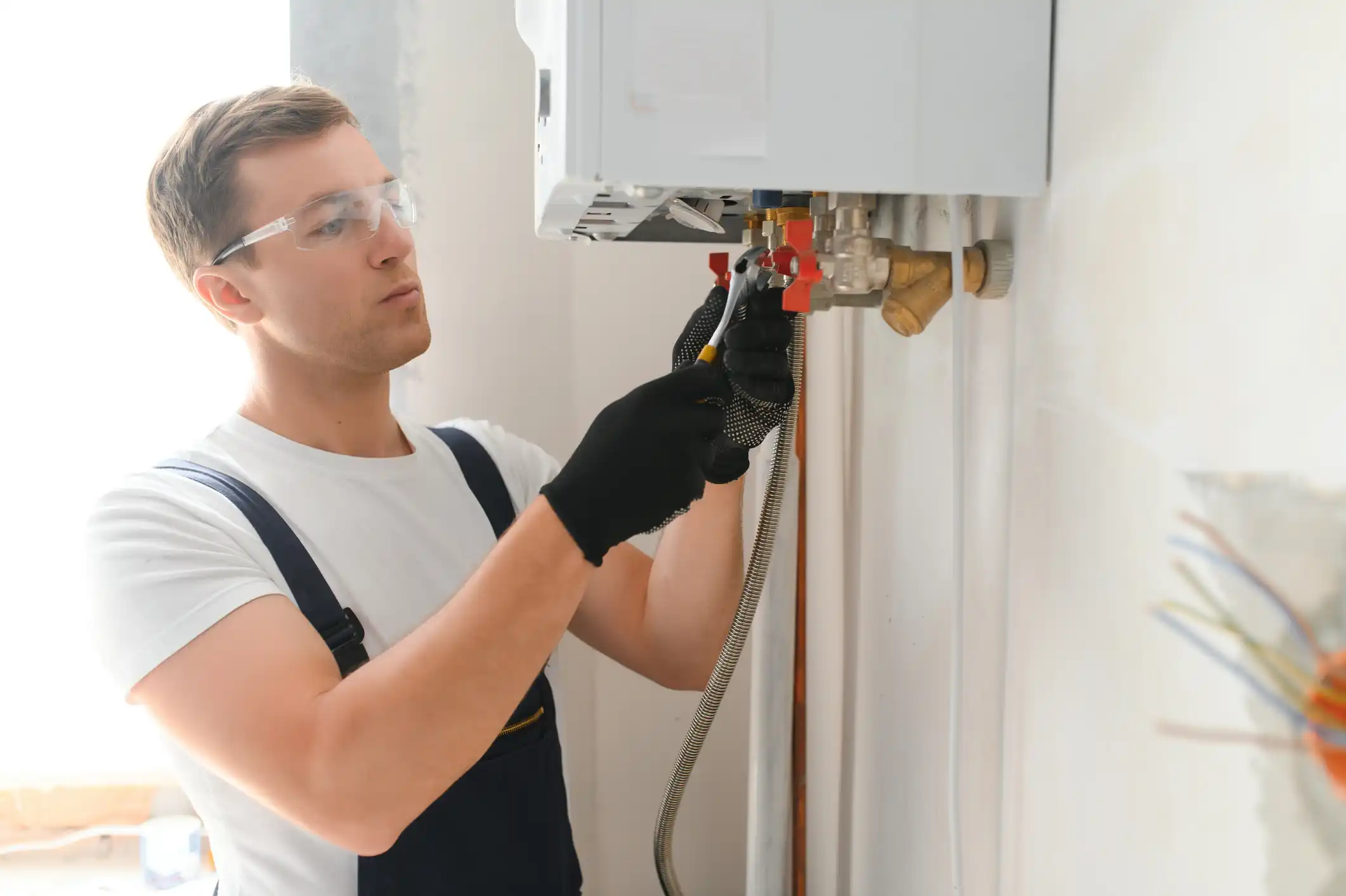 Technicien SEGIA qui entretient une chaudière gaz murale dans une maison du Nord