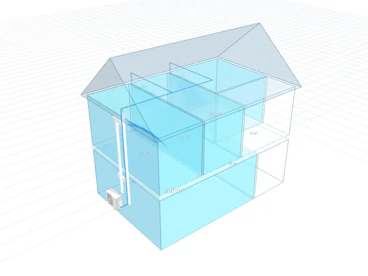Maison en 3D qui tourne sur elle-même dans le configurateur SEGIA : séjour et chambres climatisés, unités intérieures, liaisons le long du mur et groupe extérieur