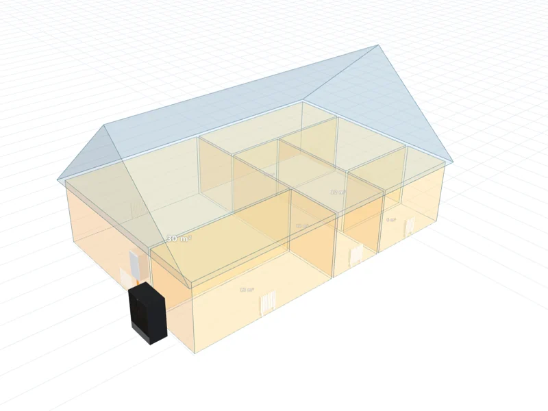 Maison en 3D avec une pompe à chaleur air-eau, configurée en ligne sur le site de SEGIA