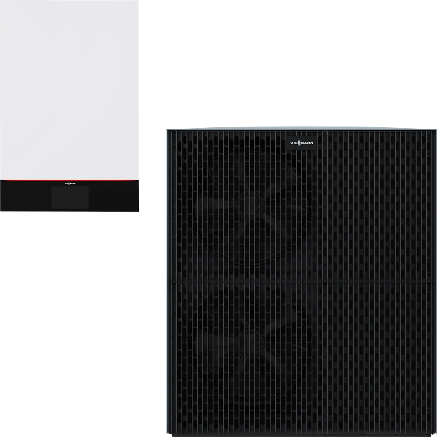 Pompe à chaleur hybride Viessmann Vitocal 250-AH : unité extérieure et module hybride