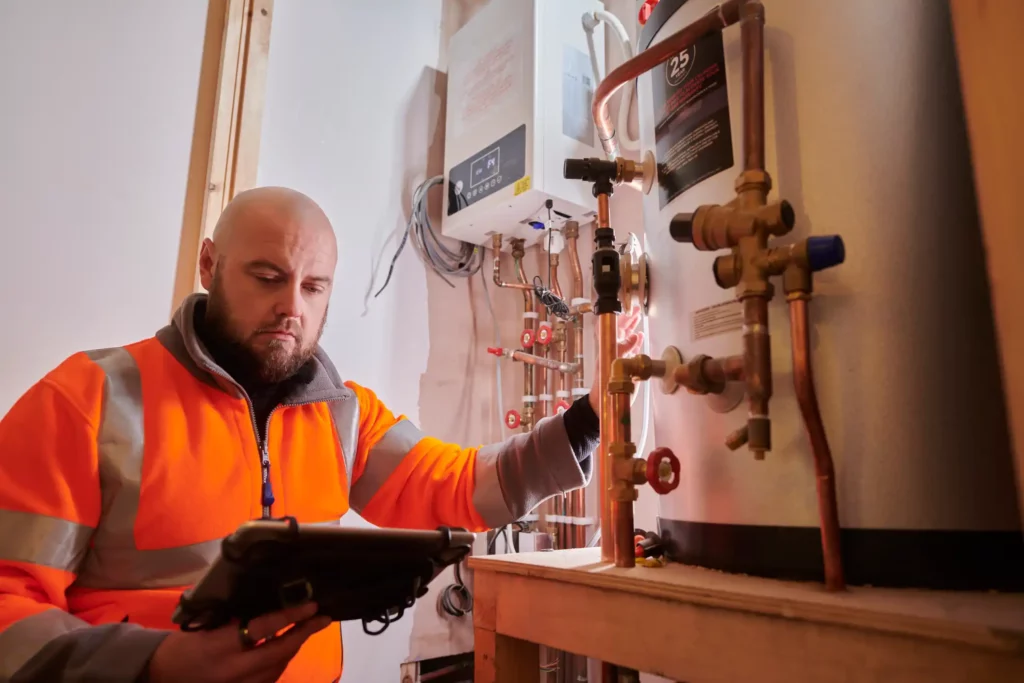 Homme qui contrôle les installations de chauffage et plomberie