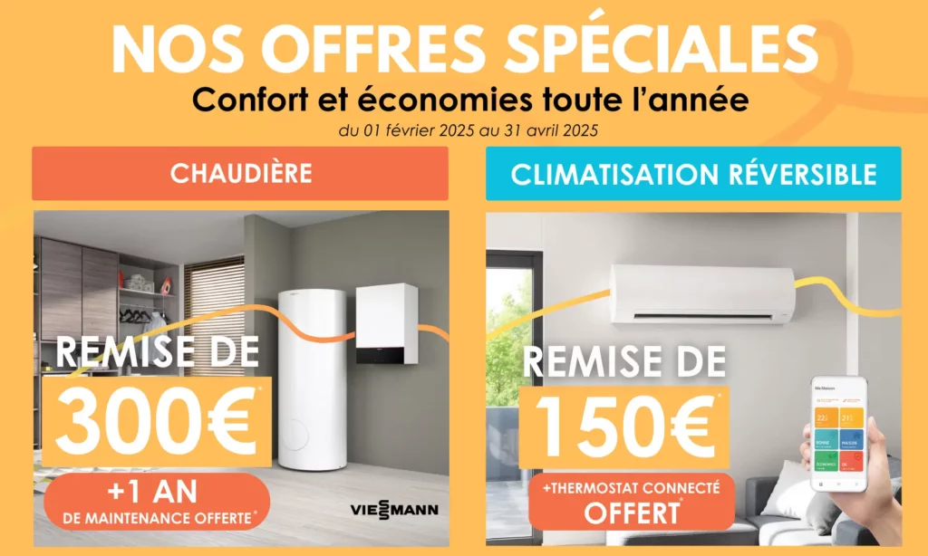 Les deux offres promotionnelles avec les remises spéciales sur la chaudière et la climatisation réversible