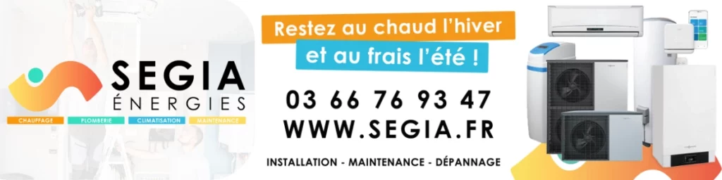 banniere montrant le logo segia, le numéro de téléphone, le site web et les produits de chauffage, climatisation, plomberie proposés