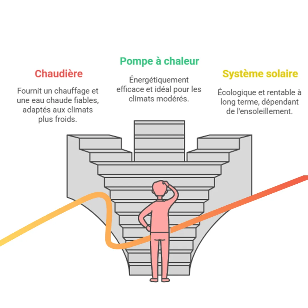 Dessin d'un homme qui doit choisir entre 3 chemins pour savoir quelle solution de chauffage choisir en 2025