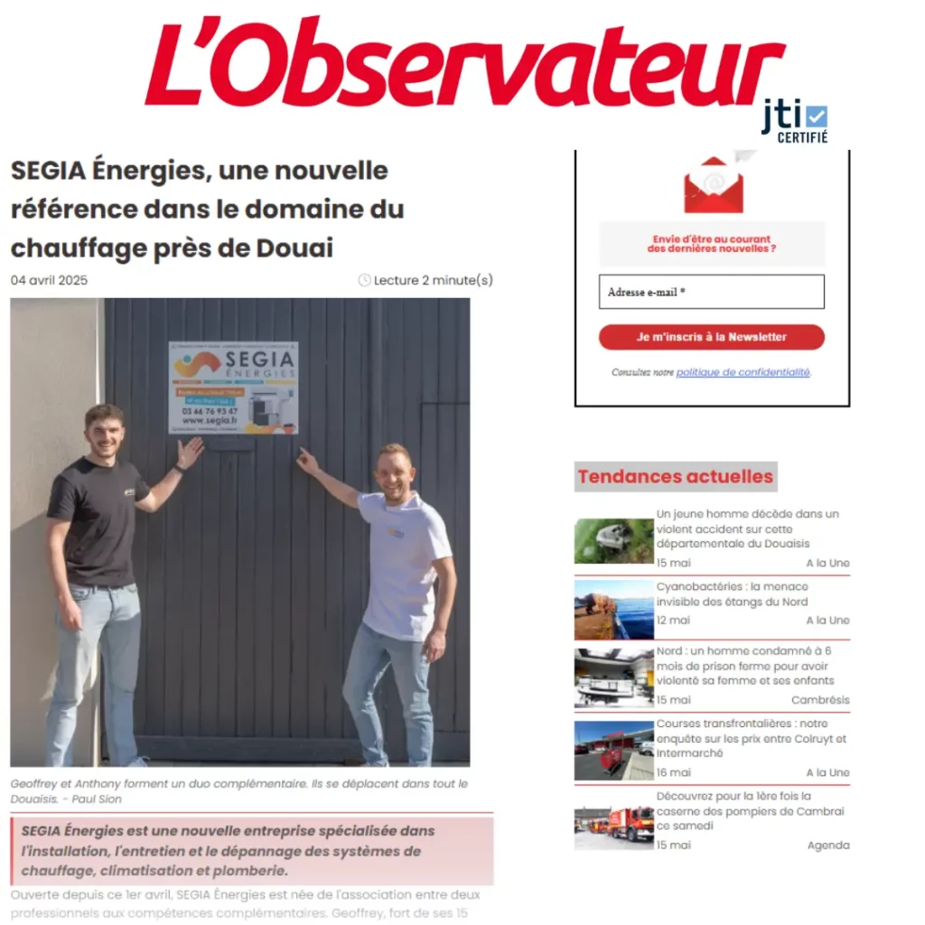 article de presse écrit par L'Observateur du Douaisis sur SEGIA ENERGIES